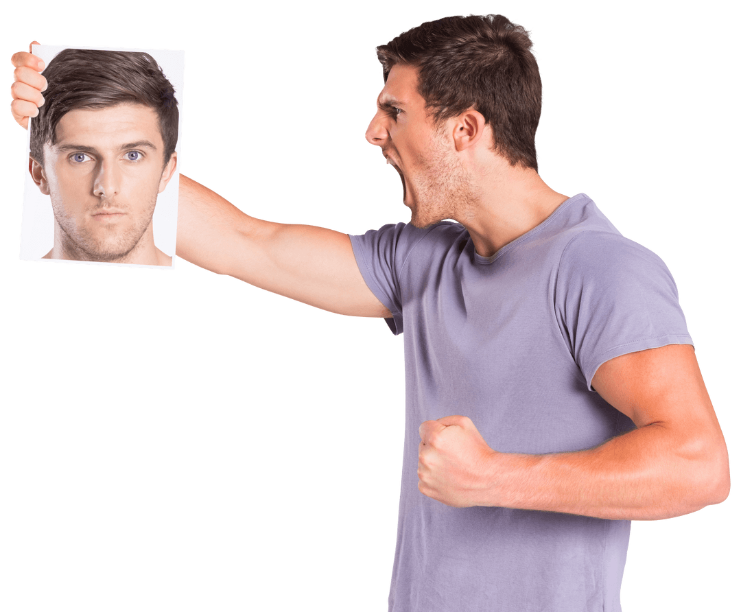 Angry Man Shouting at His Portrait on Transparent Background