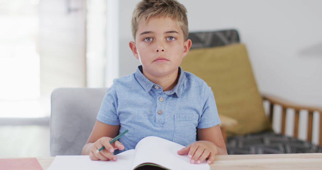 Young Boy Studying at Home Looking Serious - Free Images, Stock Photos and Pictures on Pikwizard.com