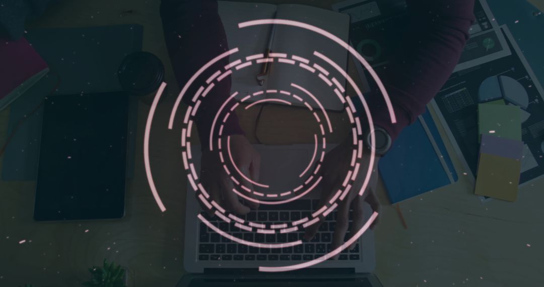 Digital Interface Overlay on Person Typing at Desk