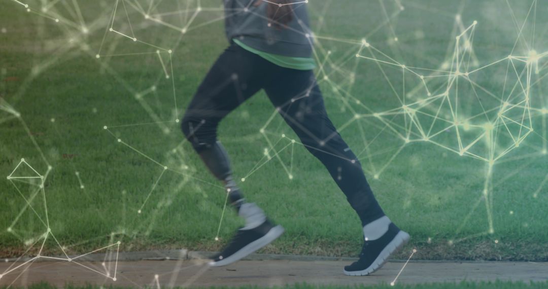 Athlete with Prosthetic Leg Running in Futuristic Network Design