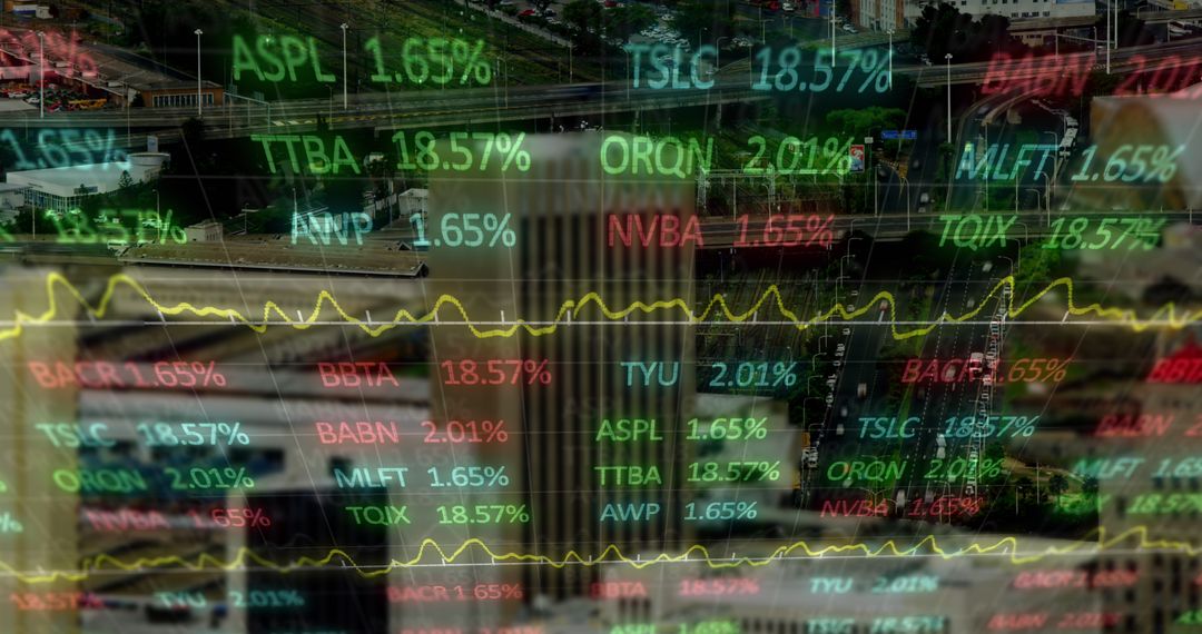 Financial Data Graphs Overlooking Urban Cityscape