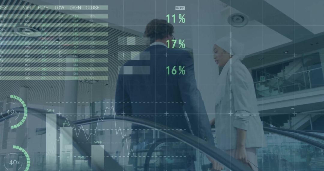 Diverse Business Professionals with Data Overlay in Office