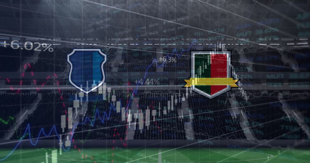 Sports Team Emblems with Financial Graphs on Stadium Background
