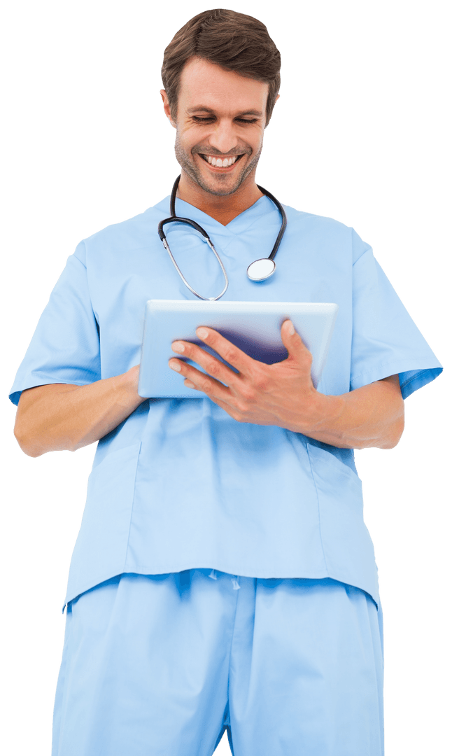 Transparent Surgeon Using Tablet Wearing Scrubs