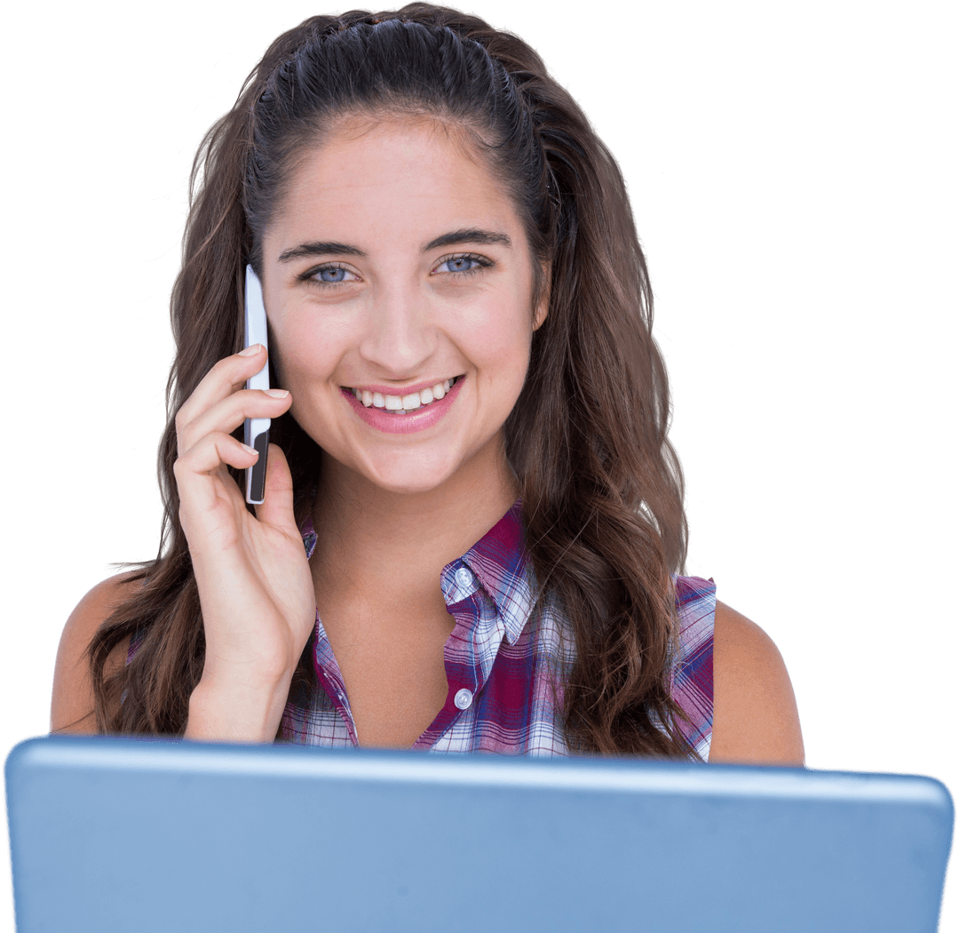 Cheerful Young Woman Transparent Background Having Phone Conversation