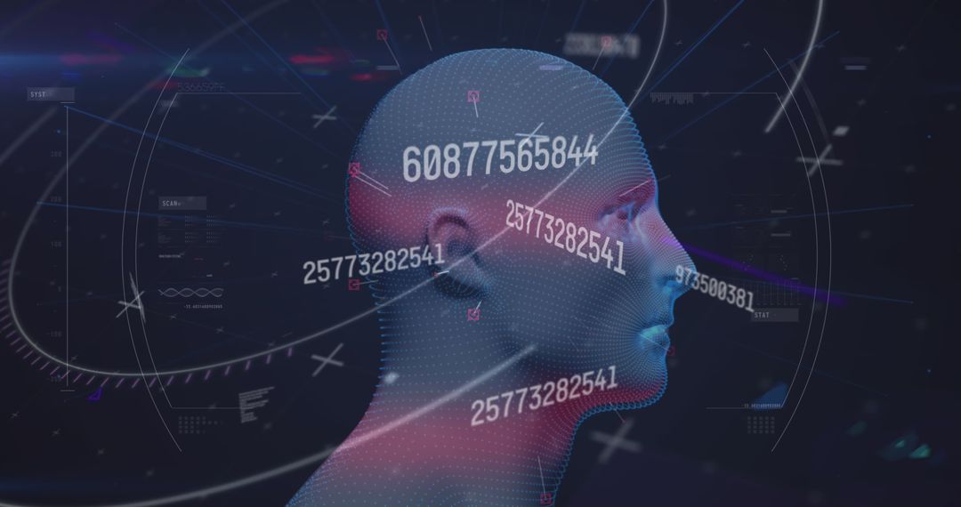 Digital Interface AI Concept with Animated Human Head and Numbers