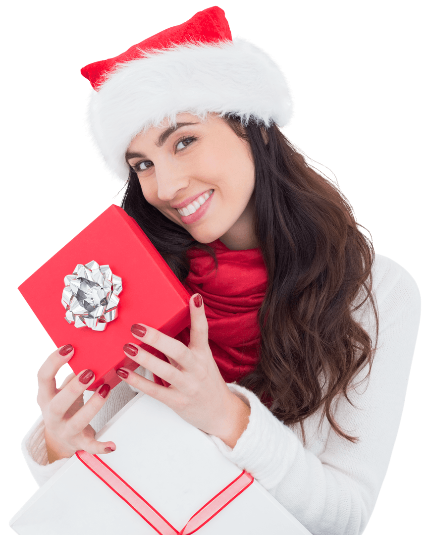 Smiling Brunette Holding Christmas Gifts in Transparent Setting