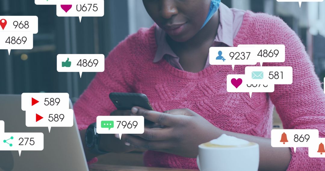 Engaged African American Woman Using Smartphone with Social Media Icons