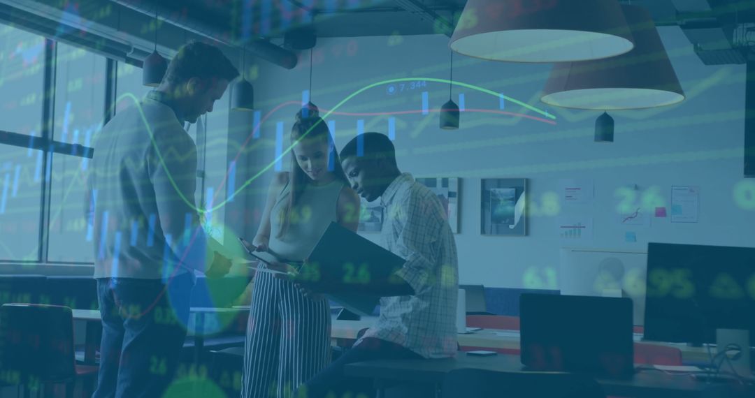 Coworkers Collaborating in Modern Office with Data Visualization