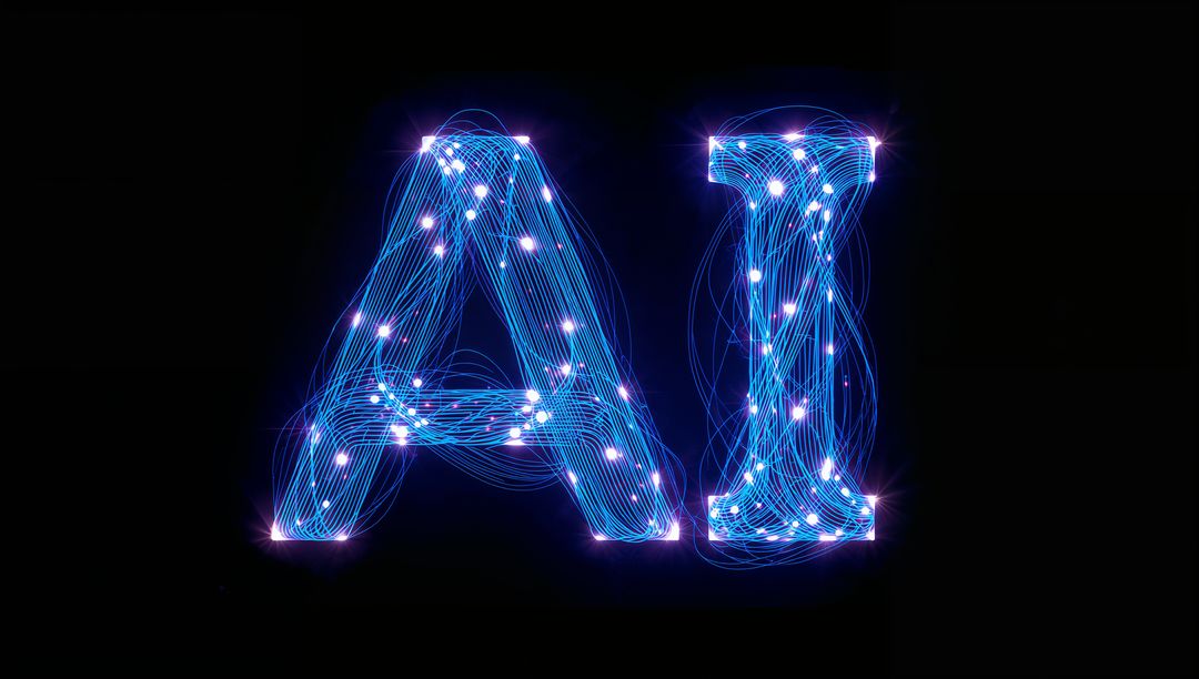 Glowing AI Letters Weaving Cyan Filaments with Neon Nodes on Black Background