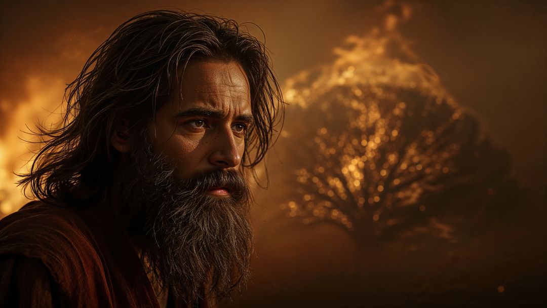 Contemplative moses in wilderness at night with burning bush