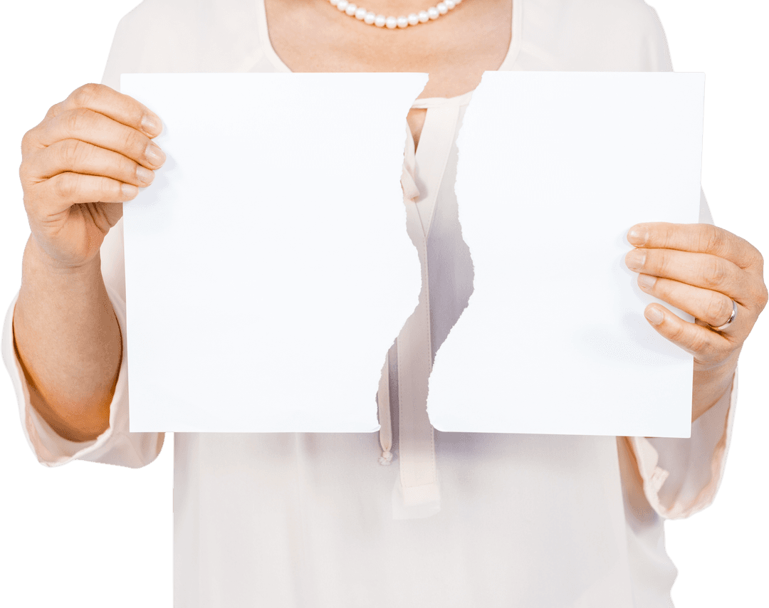 Close-up of Woman Holding Torn White Paper Transparent Background