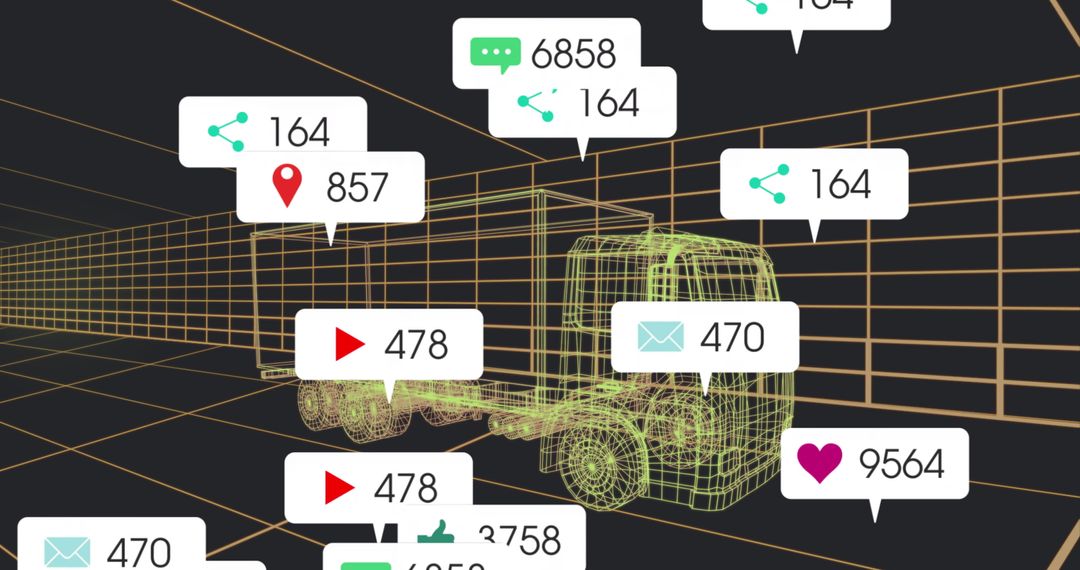 Wireframe Truck in Virtual Grid with Digital Annotation Boxes