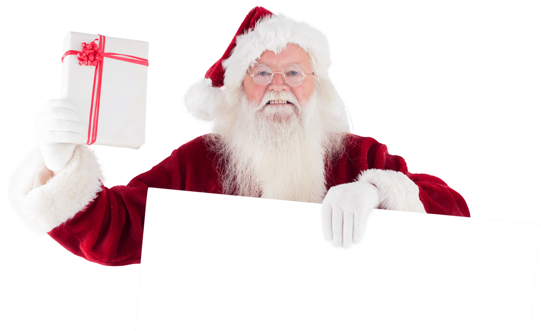 Transparent Santa Claus Holding Gift Above Blank Sign