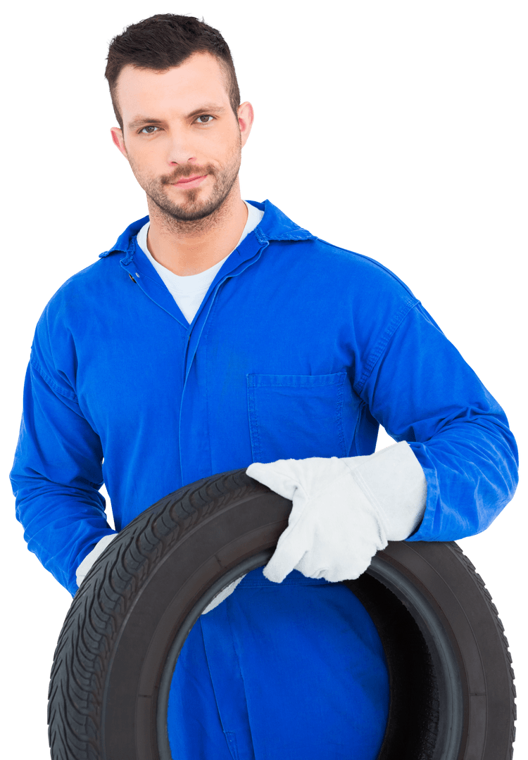Transparent Mechanic Holding Tire Confidently