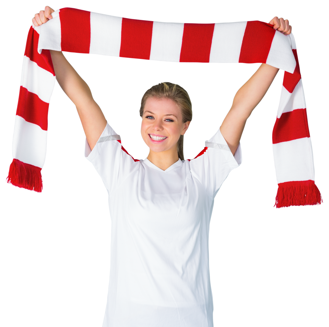 Cheering Female Football Fan with Red and White Stripe Scarf Transparent Background - Download Free Stock Images Pikwizard.com