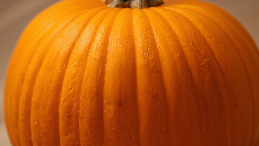 Vibrant Orange Pumpkin Showing Deep Ridges and Textured Skin on Warm Wood Surface