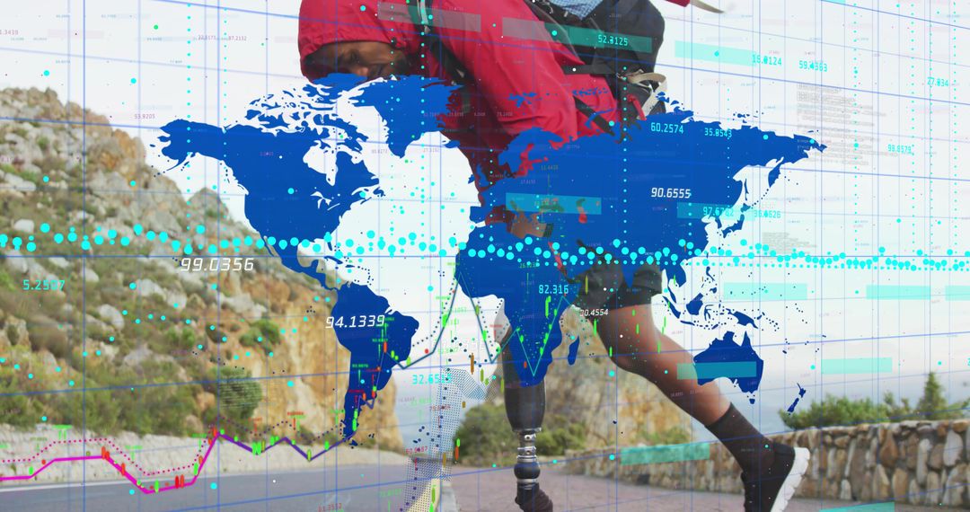 Running man with prosthetic blade powering uphill on mountain road with world data overlay