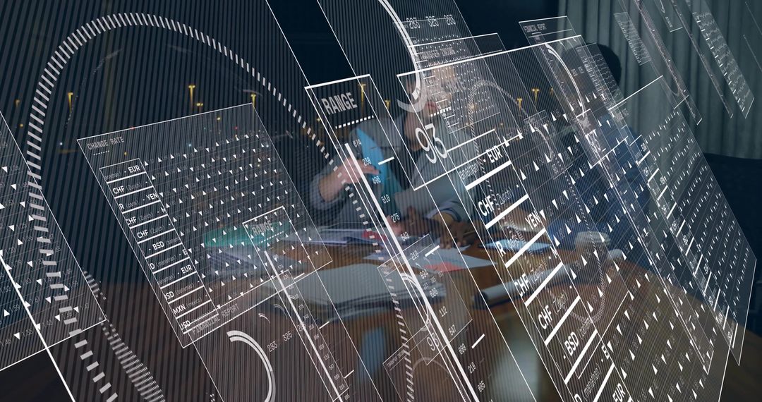 Business team collaborating with augmented reality financial dashboards in modern boardroom