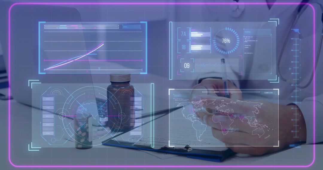 Doctor Analyzing Data with Digital Interface in Tech Savvy Clinic