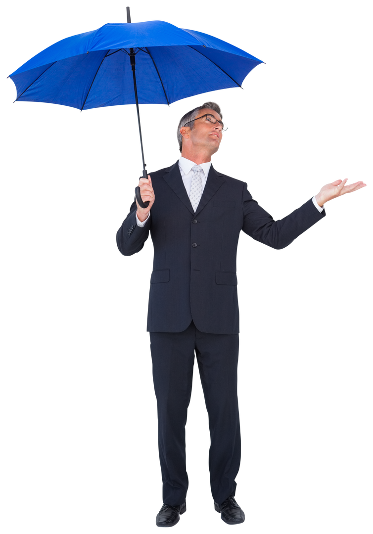 Businessman in Suit Holding Blue Umbrella Claiming Weather Conditions - Download Free Stock Images Pikwizard.com