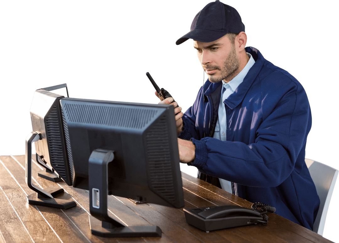 Transparent Security Officer Monitoring Screens with Communication Device - Download Free Stock Images Pikwizard.com