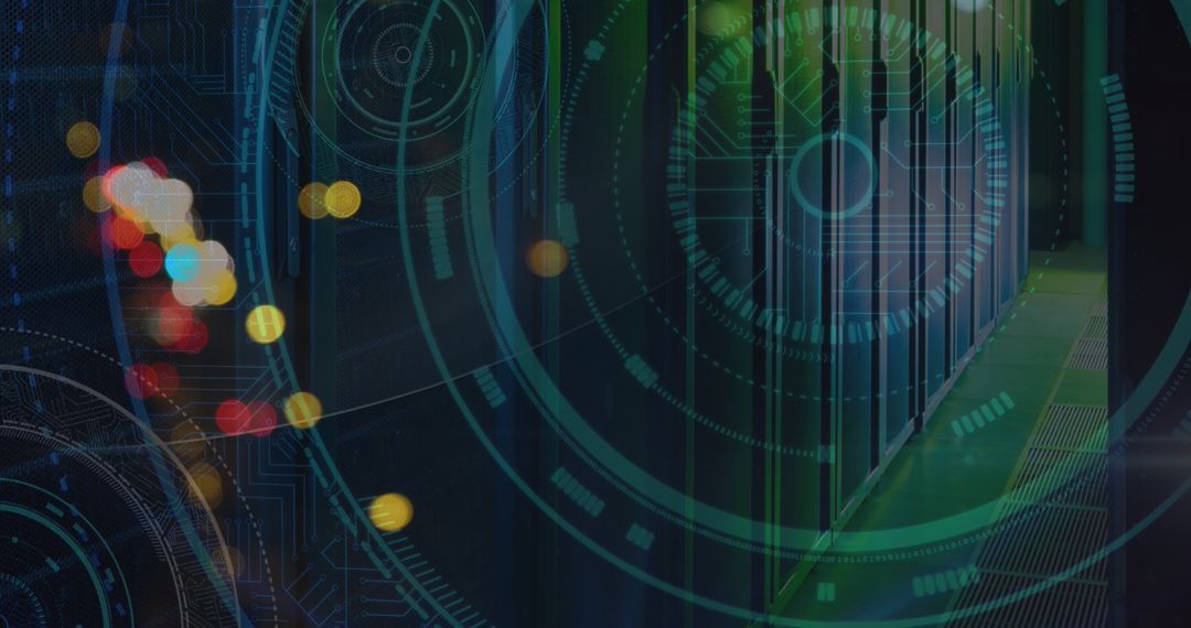 Abstract Digital Overlay with Blurred Traffic Lights and Processing Circles