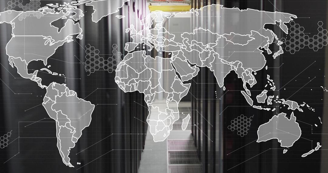 World map overlay on data center for digital networking concept