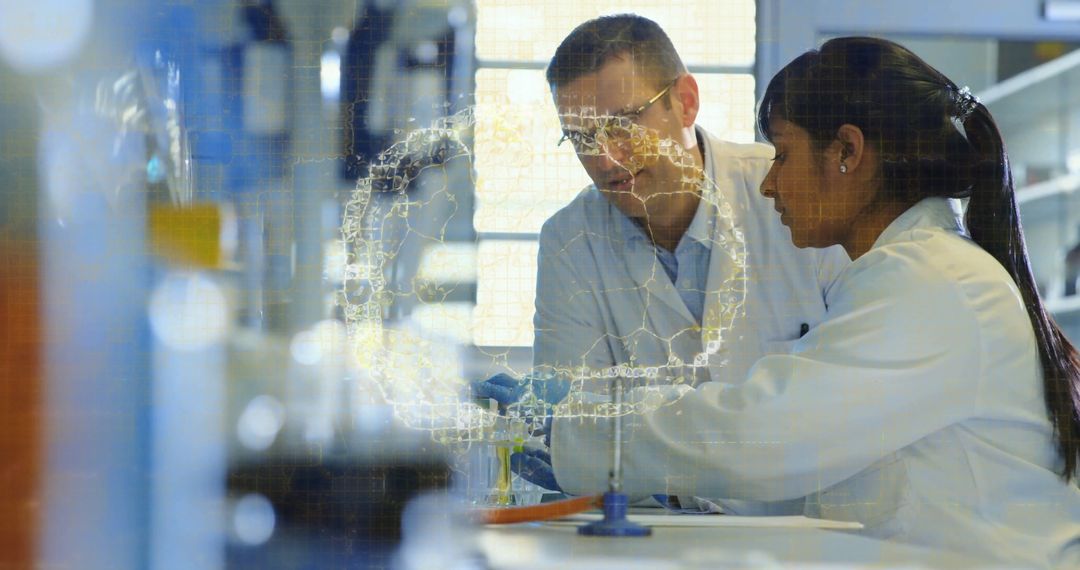 Diverse Scientists Exploring Data with Digital Brain Hologram Overlay