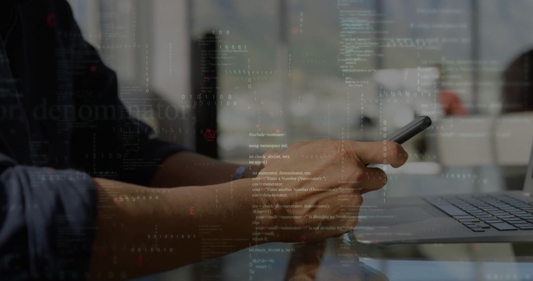 Professional Hand Holding Smartphone Overlapping Code