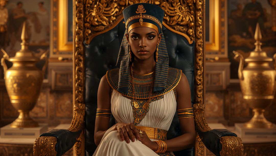 Determined Queen Sitting in Royal Egyptian Setting