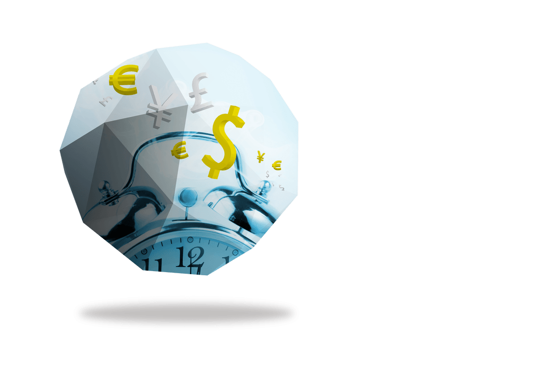 Transparent Globe of Currency Symbols with Clock Theme