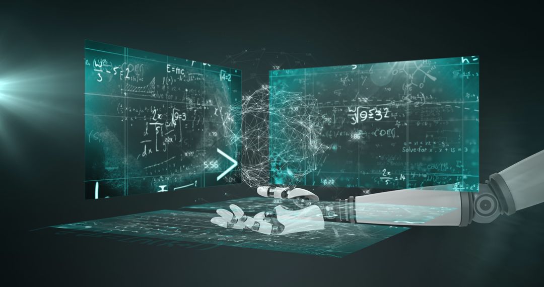 Robotic Hand and Digital Screens with Mathematical Equations