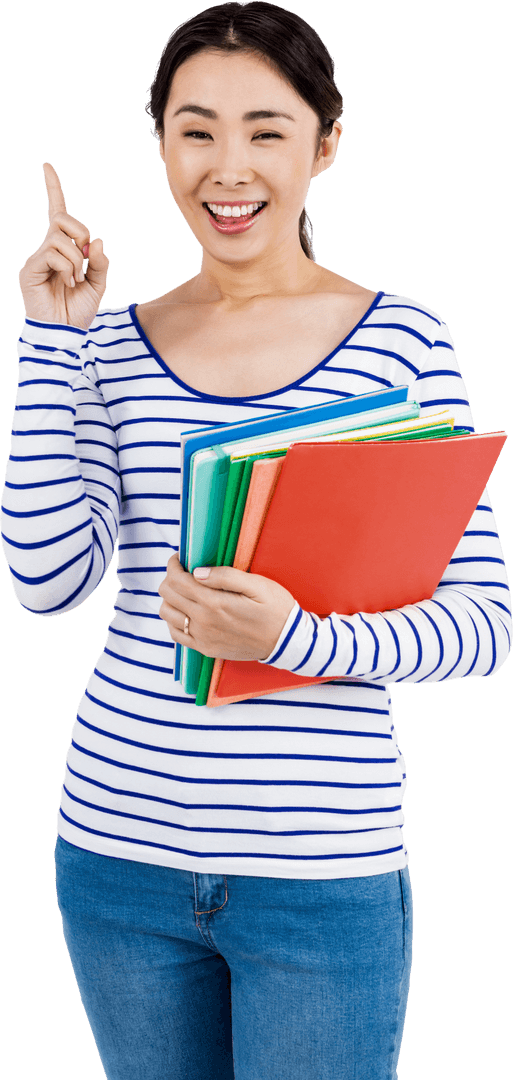 Transparent Woman Holding Files Pointing Upward Happily