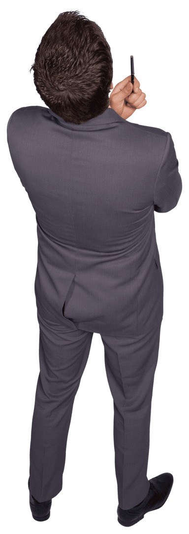 Transparent Thoughtful Businessman on White Background Holding Pen