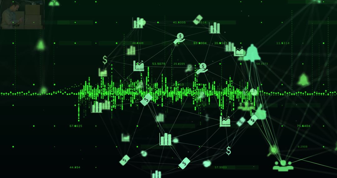 Digital Network Connections with Financial Icons on Virtual Display