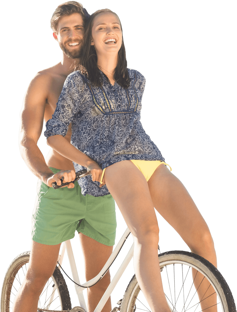 Transparent Smiling Couple Enjoying Bicycle Ride in Summer Attire