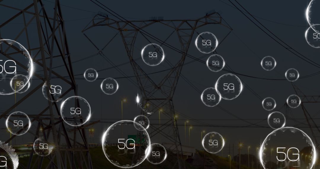 5G Network Overlaid on Electrical Pylons at Dusk