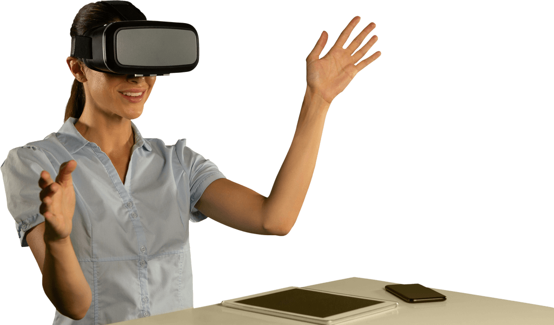 Caucasian Woman Using Virtual Reality Headset, Transparent Background