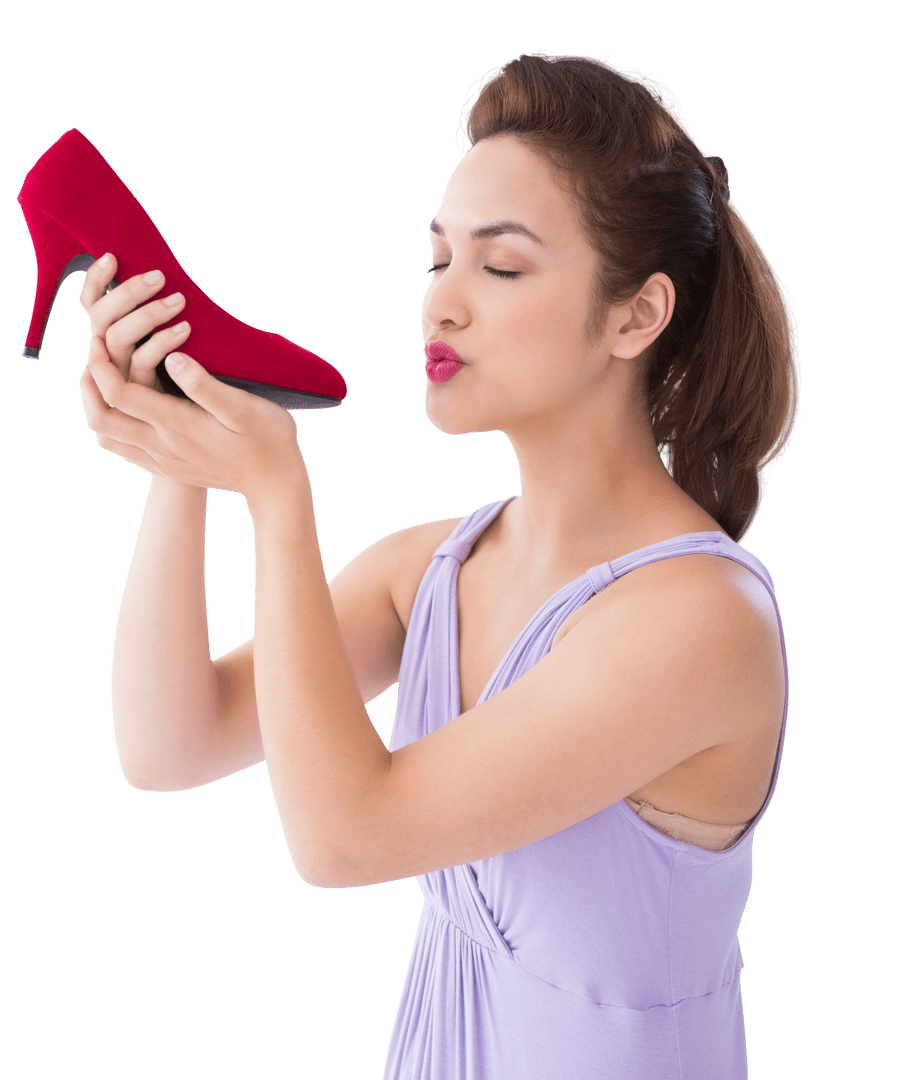 Brunette Woman Kissing Vibrant Red High Heel in Affectionate Pose Transparent