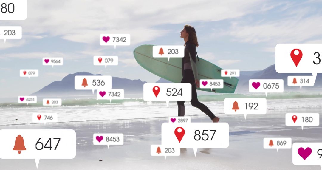Surfer Walking Beach with Social Media Notification Graphics
