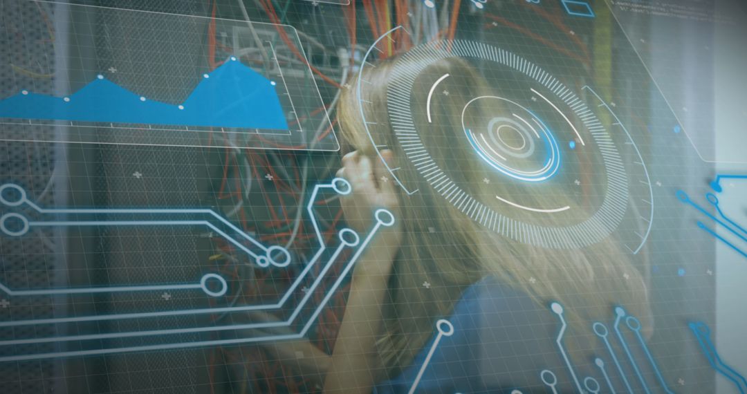 Futuristic digital interface over data center with network connections