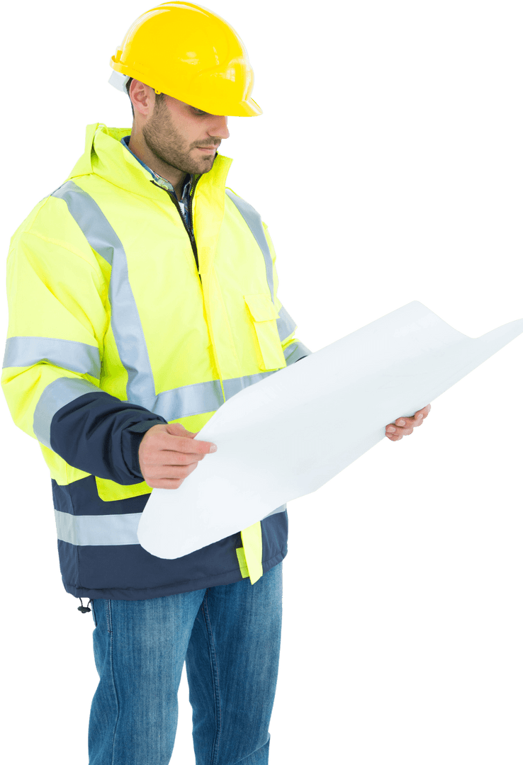 Transparent Construction Worker Studying Blueprint