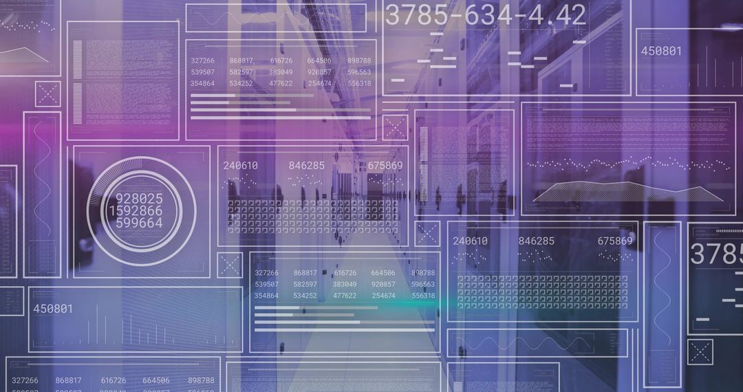Translucent HUD analytics dashboard overlay sweeping through modern corridor with people
