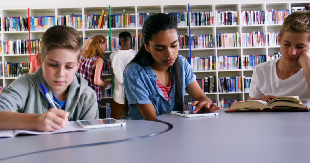 Diverse Students Focused on Studying in Library Setting