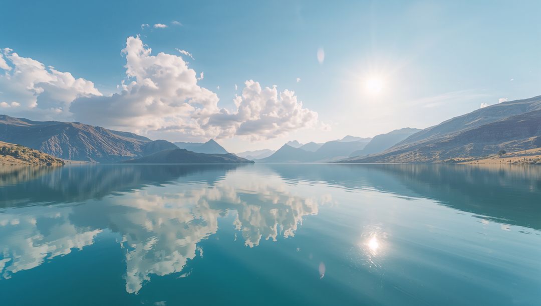 Tranquil Mountain Lake Reflecting Clouded Sky Under Bright Sun