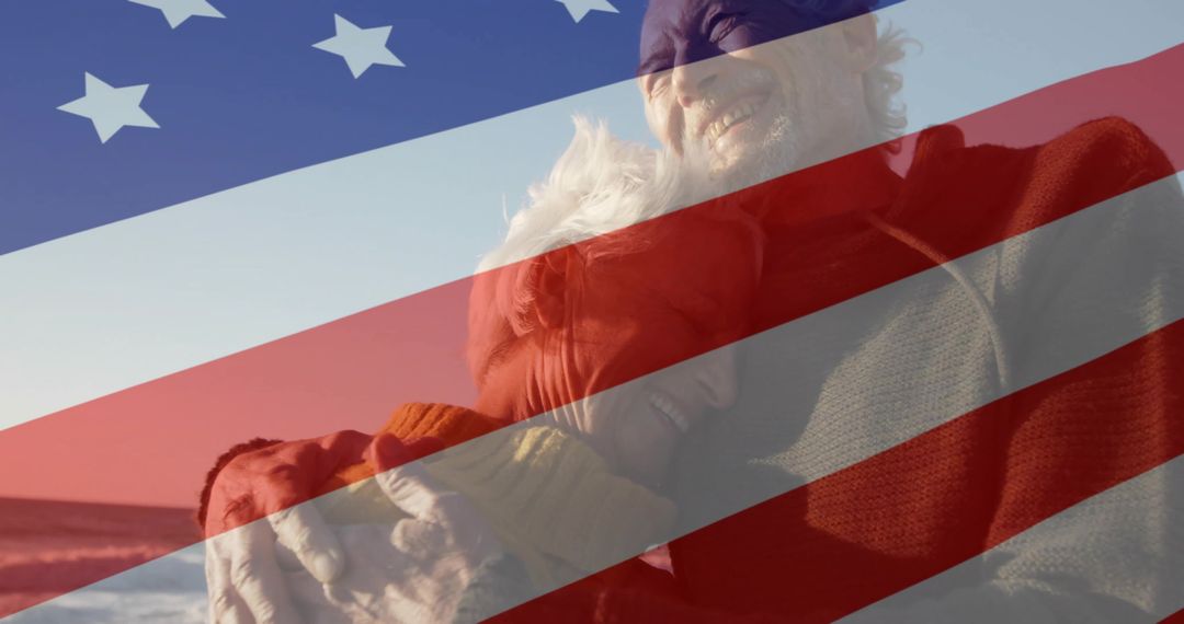 Joyful Senior Couple Hugging on Beach with American Flag Overlay