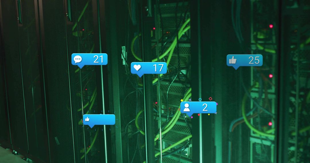 Server Room with Digital Notifications Overlay