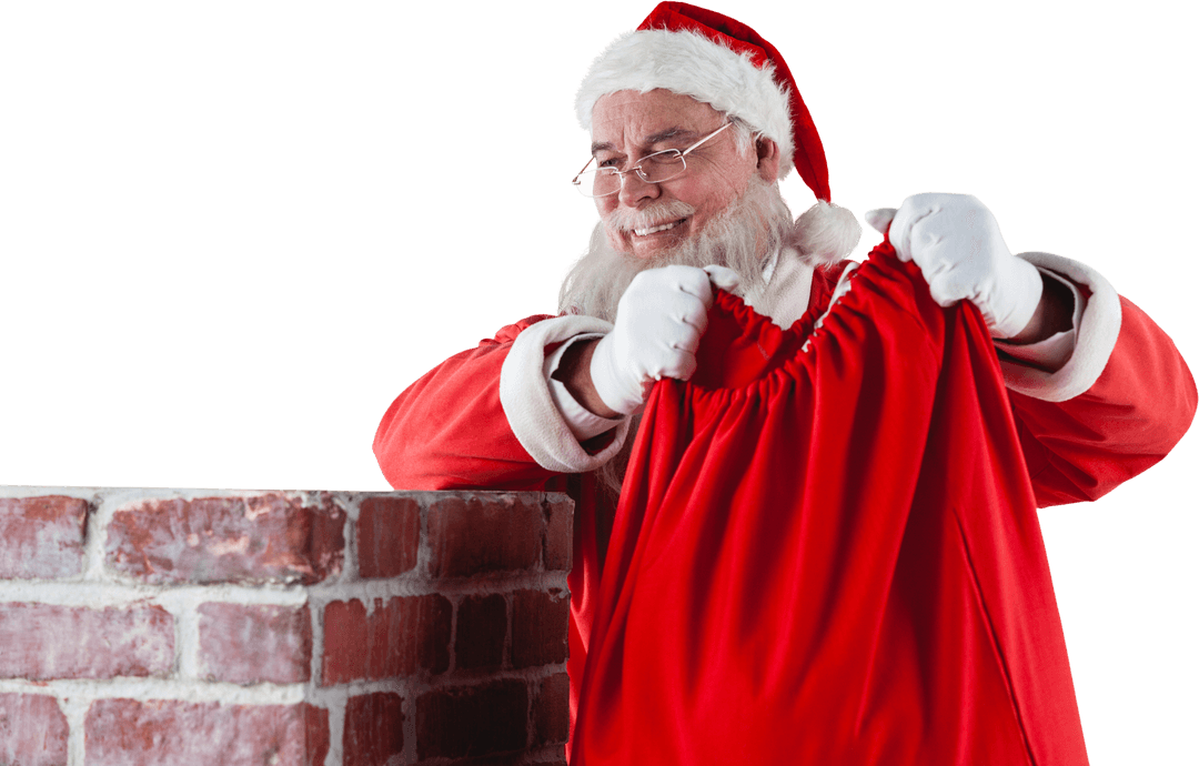 Santa Claus with Red Sack Hovering Above Chimney with Transparent Background