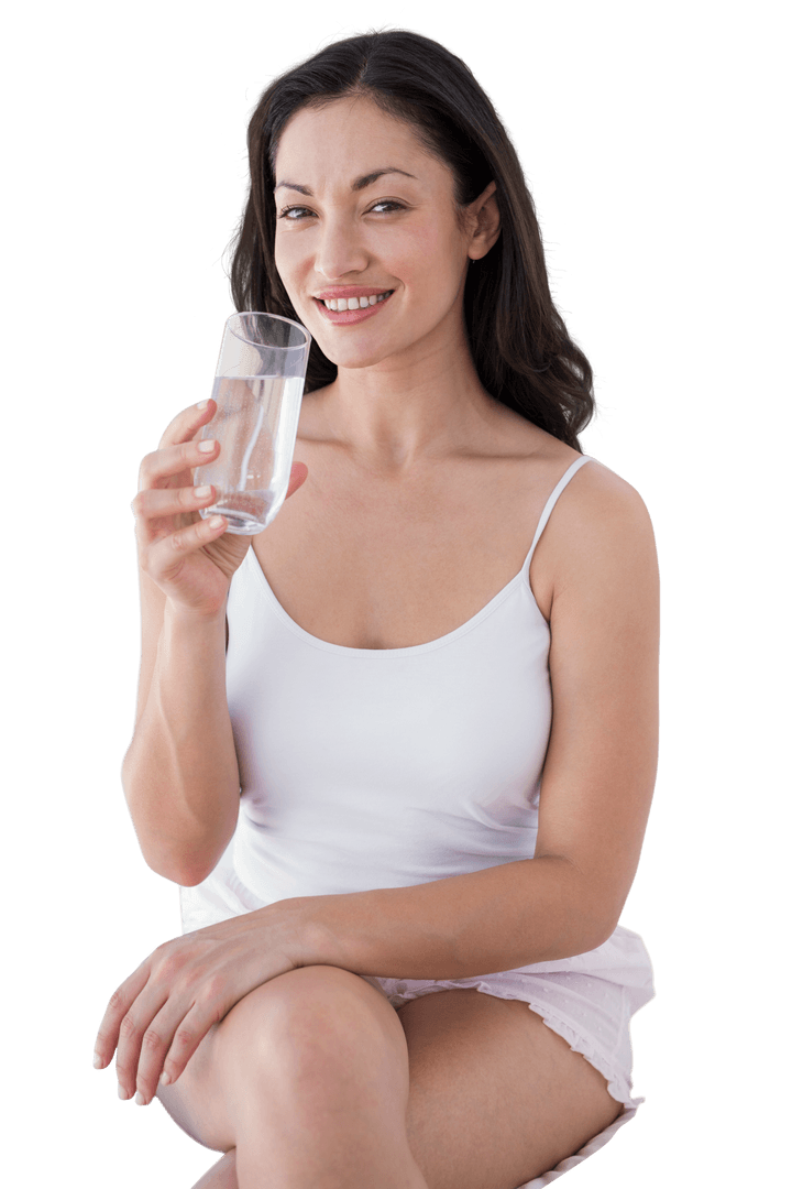 Smiling Woman in White Tank Drinking Water Transparent Background
